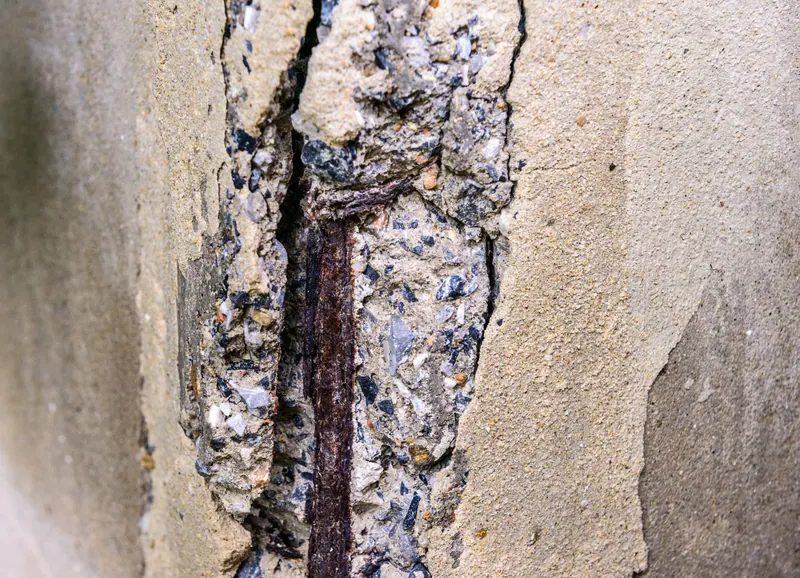 Cracked and spalled concrete with corroded reinforcement exposed along the crack.