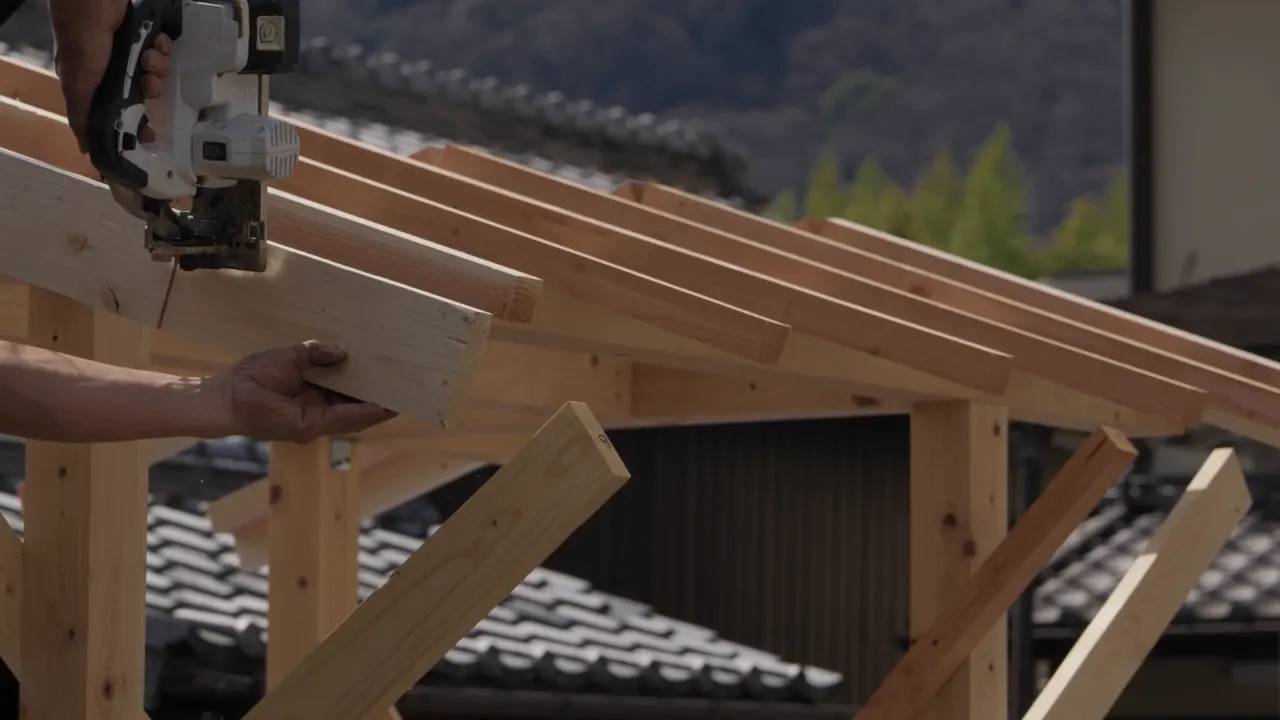 Timber rafters being fixed on a roof frame.